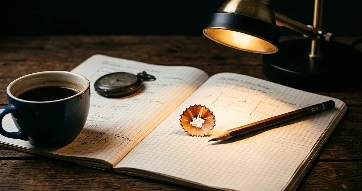 Cartão de metas manuscrito ao lado de relógio de mesa e chave sobre madeira escura, luz focal quente, sem pessoas.