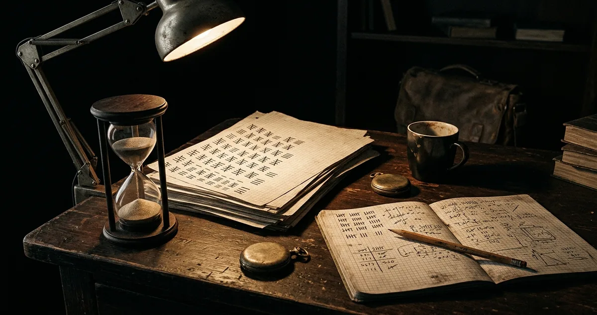 Fone de ouvido apoiado sobre livro didático aberto em mesa escura, luz focal quente, caderno e caneta ao lado, sem pessoas.