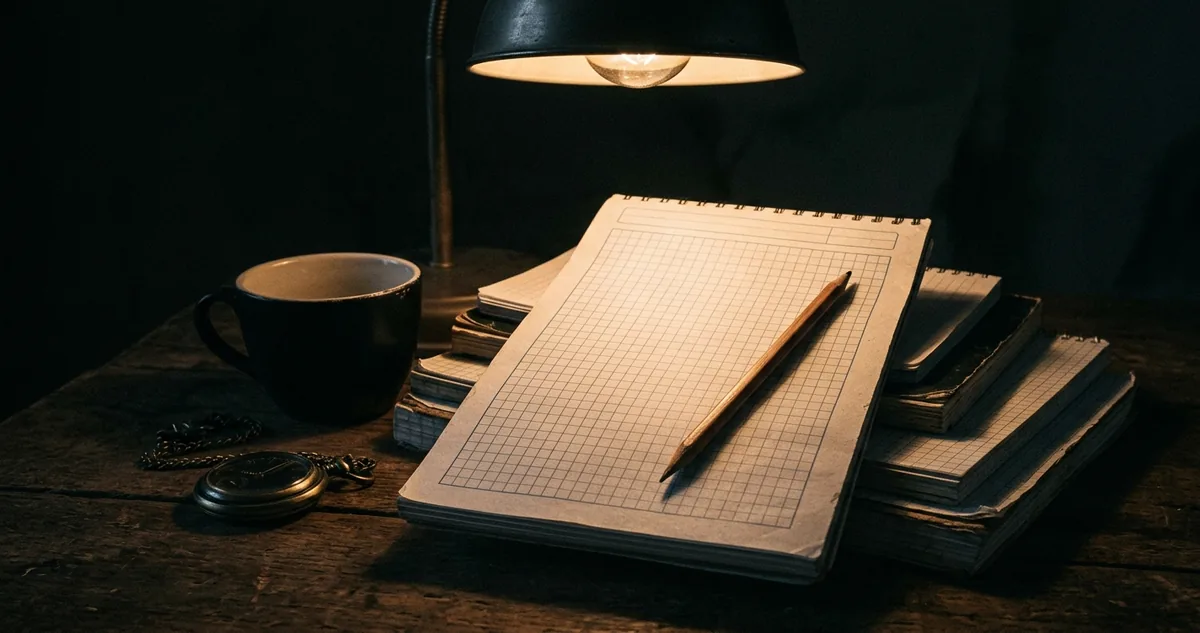 Cronômetro de cozinha ao lado de caderno de questões aberto em mesa escura, lápis atravessado na página, luz focal quente, sem pessoas.