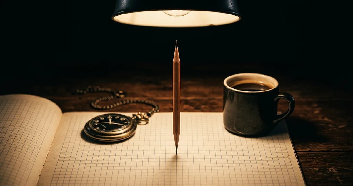 Caderno de questões aberto em mesa escura, alternativas riscadas a lápis e anotações na margem, luz focal quente, sem pessoas.