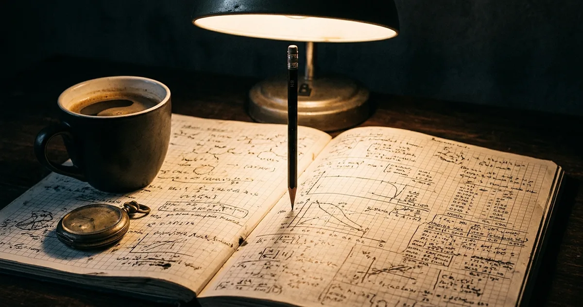 Caderno aberto sob luz quente, esquema de nuvem e raio desenhado a lápis, fone de ouvido ao lado, sem pessoas.
