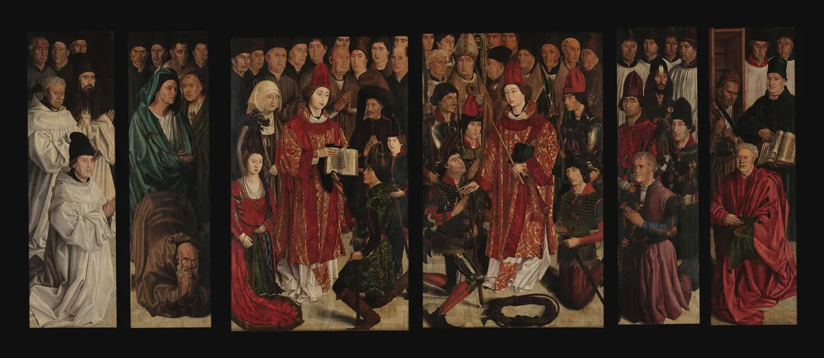 Seis tábuas com fileiras de figuras pintadas por Nuno Gonçalves por volta de 1470