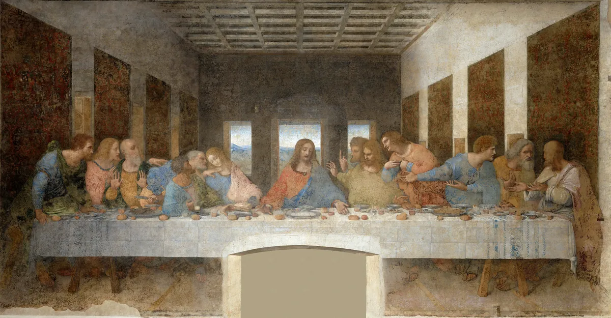 Treze figuras a uma mesa comprida, pintadas por Leonardo da Vinci entre 1495 e 1498