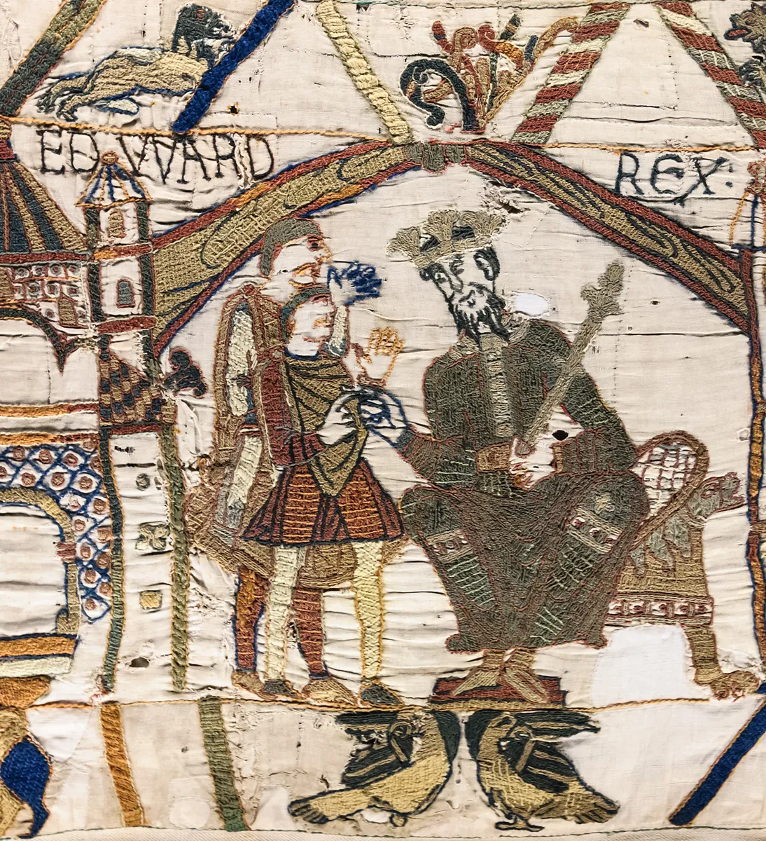 Trecho da Tapeçaria de Bayeux, bordado em lã sobre linho, por volta de 1070
