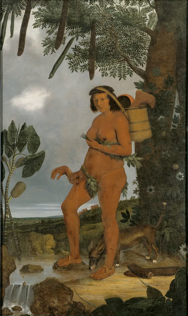 Mulher Tapuia, de Albert Eckhout, 1641: mulher nua de pé com uma mão humana e um cesto nas costas