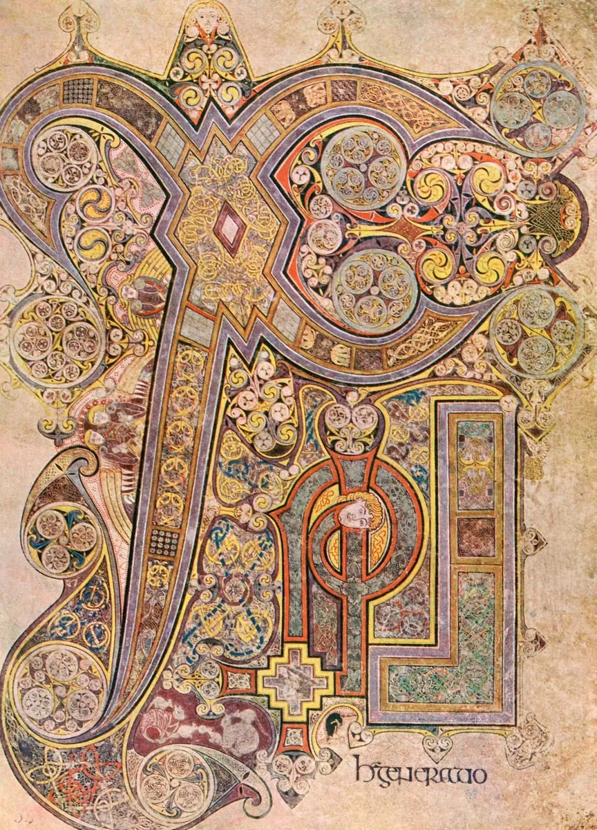 Página do Chi Rho no Livro de Kells: X gigante coberto de espirais