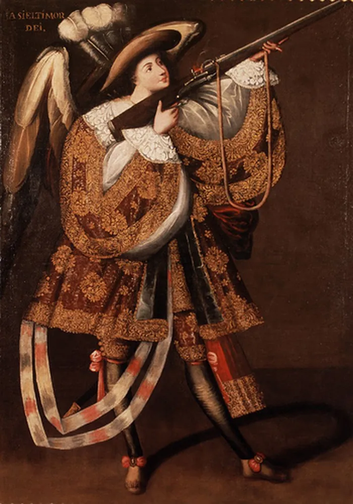 Anjo arcabuzeiro de Calamarca: asas abertas, chapéu de plumas, renda e arcabuz