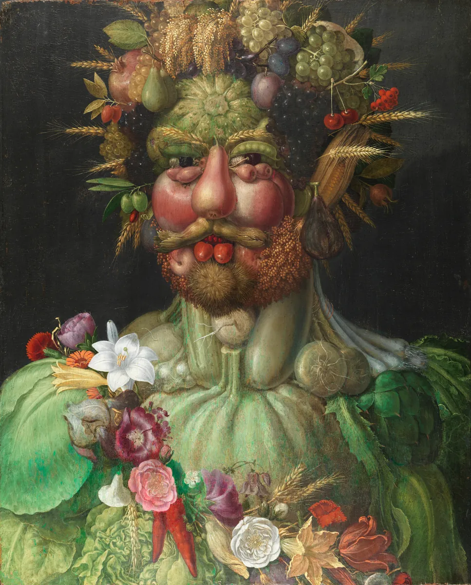 Vertumnus de Arcimboldo: Rodolfo II com rosto de frutas e pera no nariz