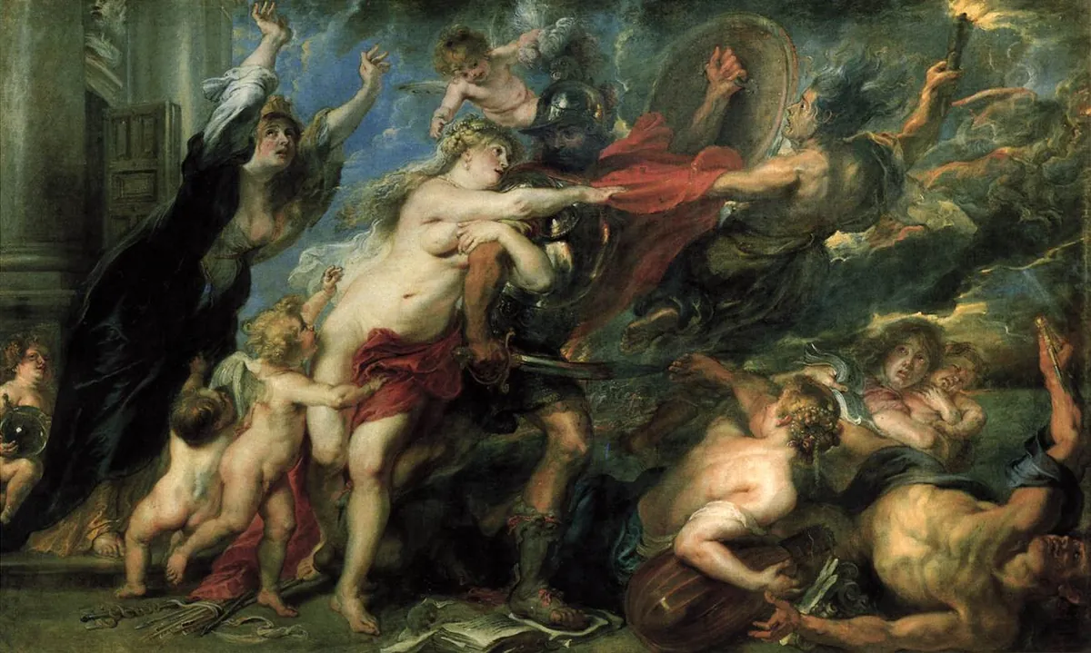 As Consequências da Guerra, de Rubens: Marte armado sai do templo puxado por uma Fúria, Vênus tenta segurá-lo
