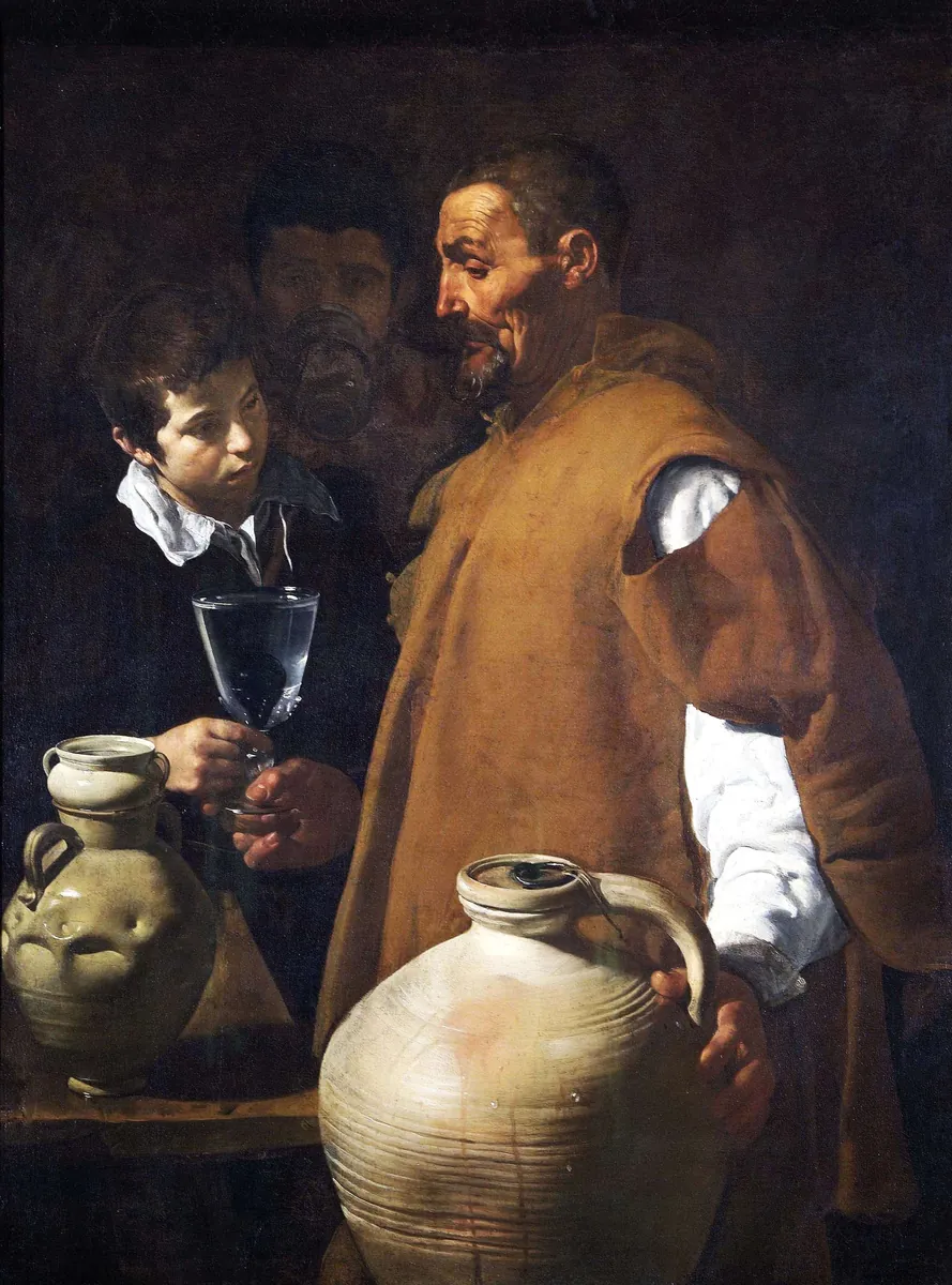 O Aguadeiro de Sevilha, de Velázquez: velho aguadeiro de perfil entrega a um menino uma taça de vidro com um figo