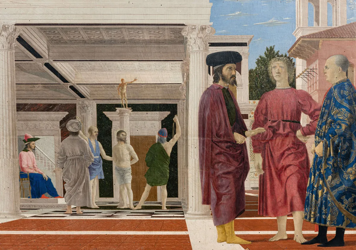 A Flagelação de Cristo, de Piero della Francesca: Cristo na coluna ao fundo, três homens conversam na frente