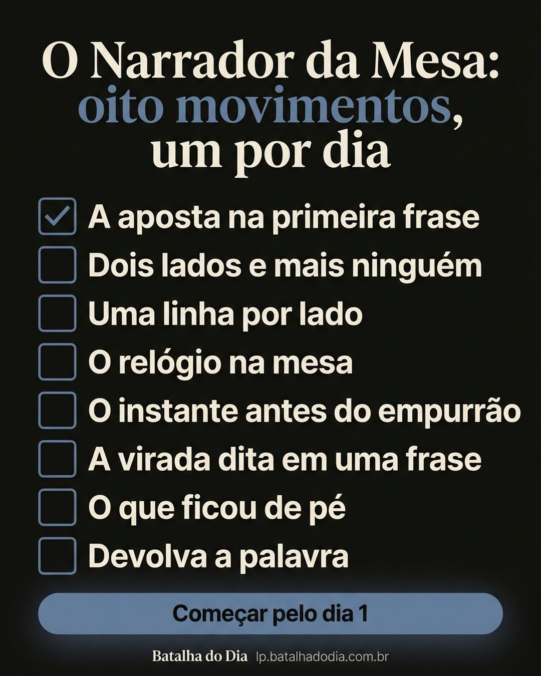 O Narrador da Mesa: oito movimentos, um por dia: A aposta na primeira frase, Dois lados e mais ninguém, Uma linha por lado, O relógio na mesa, O instante antes do empurrão, A virada dita em uma frase, O que ficou de pé, Devolva a palavra. Começar pelo dia 1.