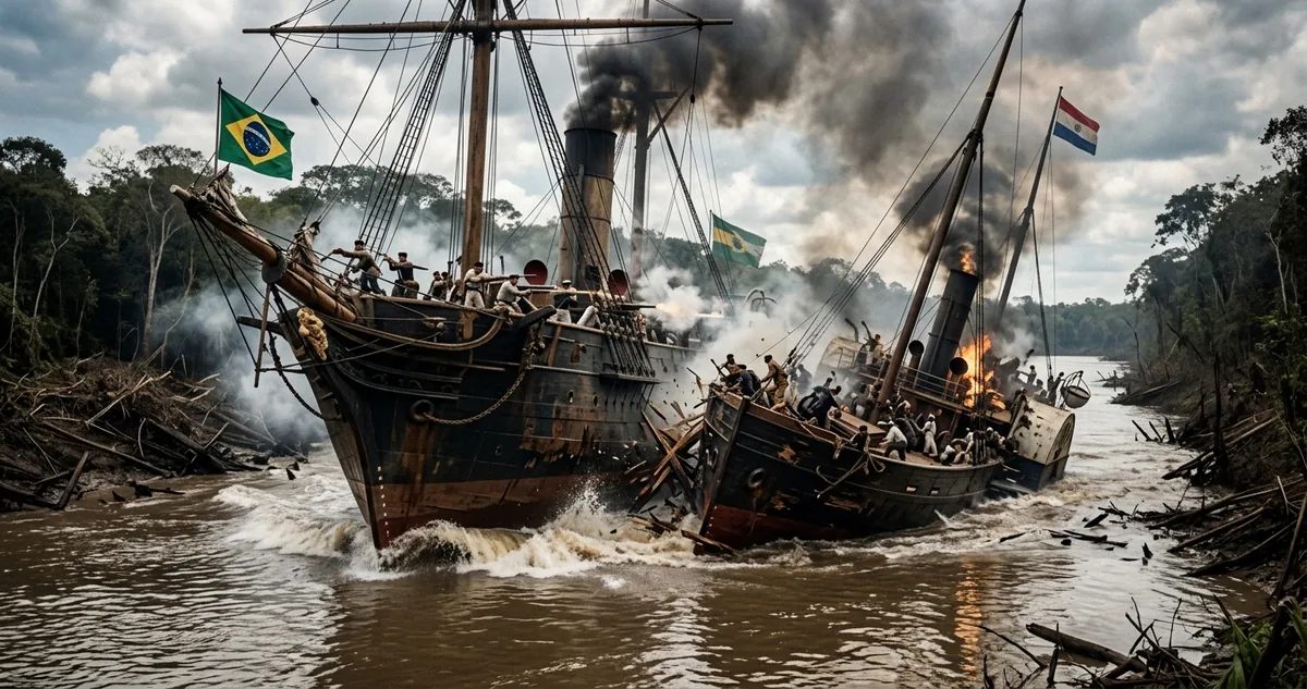 Vapor de rodas de casco escuro num rio estreito ao amanhecer, a proa apontada contra o costado de outro navio a vapor, fumaça baixa sobre a água.