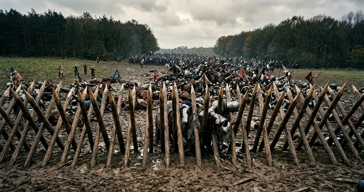 Cavaleiros medievais de armadura afundando num campo lavrado e encharcado, diante de uma fileira de estacas de madeira afiadas fincadas em ângulo, com matas fechadas dos dois lados.