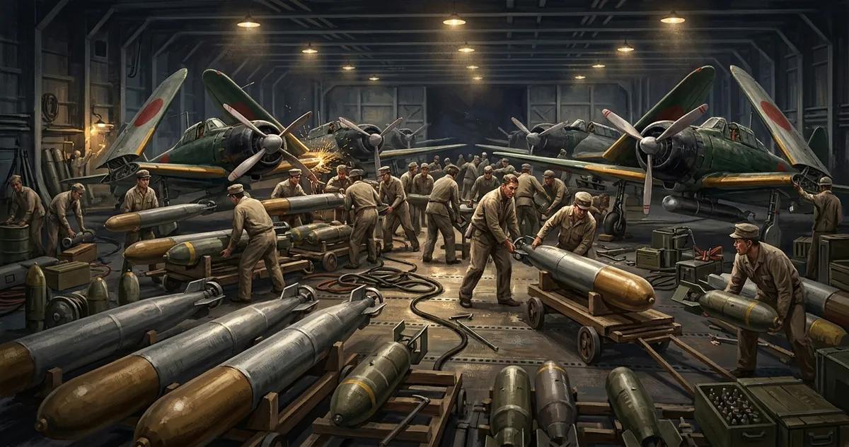Bombardeiros de mergulho americanos caindo sobre um porta-aviões japonês de convés vazio, com fumaça escapando do hangar, no Pacífico central em 1942.