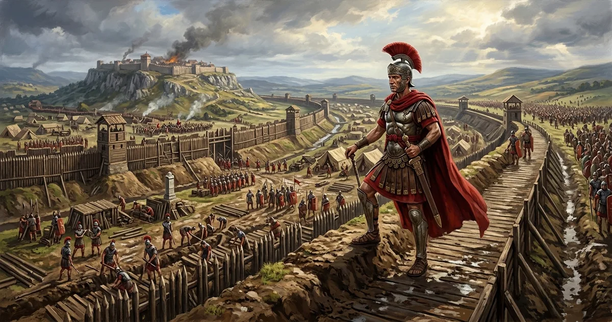 Morro fortificado cercado por duas linhas romanas de valas, paliçadas e torres, com um exército gaulês descendo as colinas ao fundo, na Gália em 52 a.C.
