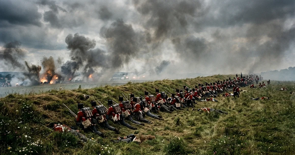 Infantaria britânica deitada atrás da crista lamacenta de um platô enquanto a artilharia francesa dispara do outro lado do vale, em Waterloo, 1815.
