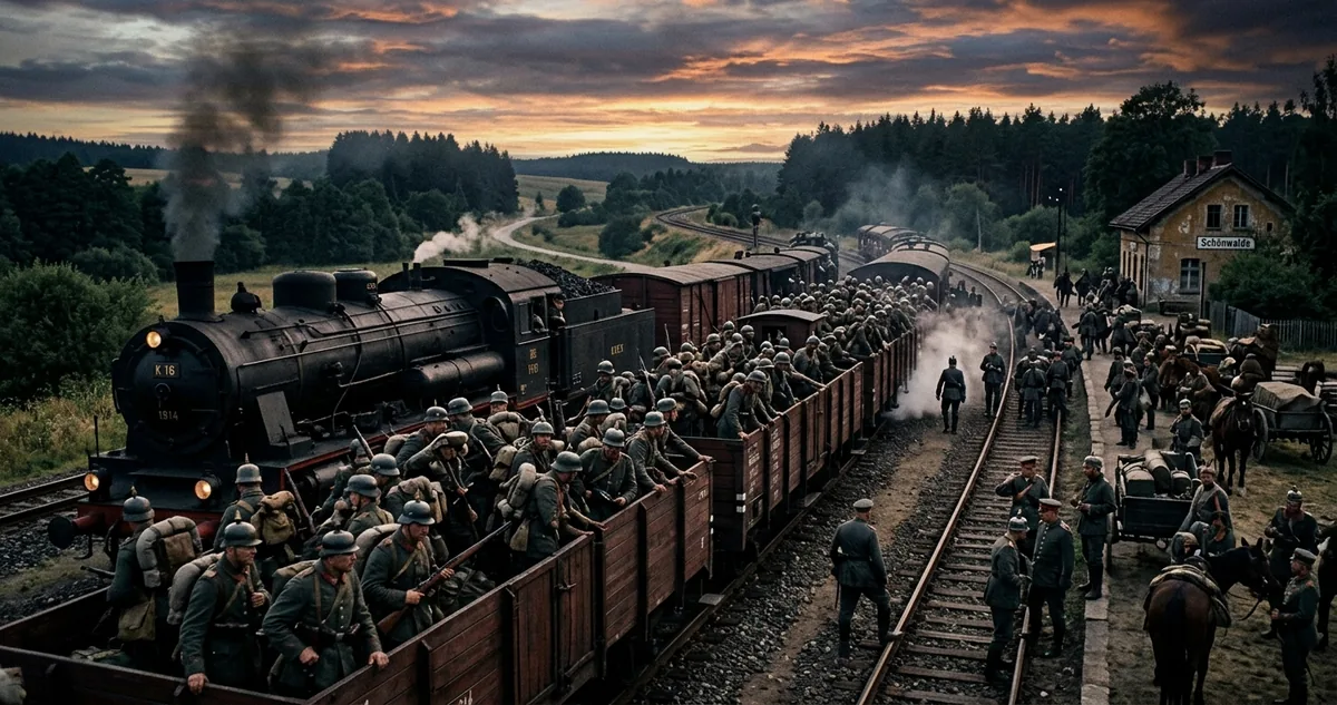 Soldados alemães embarcando com artilharia numa estação de trem da Prússia Oriental no verão de 1914, sob céu baixo.