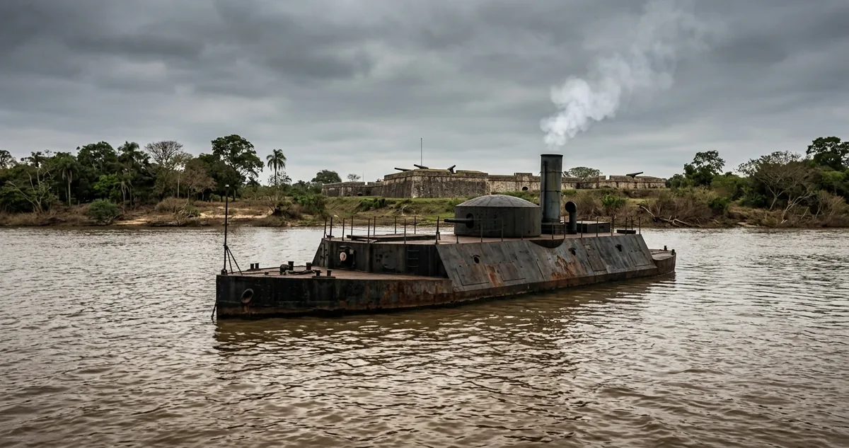 Encouraçados brasileiros subindo a curva do rio Paraguai de madrugada, sob o fogo das baterias da fortaleza de Humaitá.