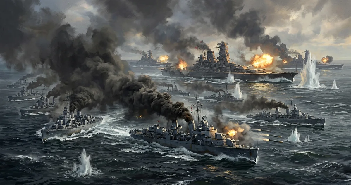 Contratorpedeiros americanos soltando cortina de fumaça diante de encouraçados japoneses, ao largo da ilha de Samar, em outubro de 1944.