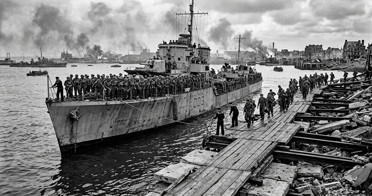 Tropas britânicas atravessando a passarela de tábuas do molhe leste de Dunquerque para embarcar num contratorpedeiro, em maio de 1940.