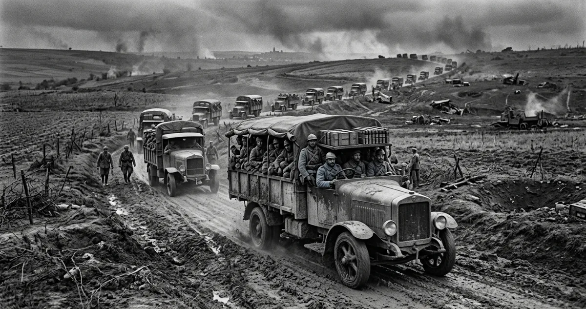 Comboio de caminhões franceses avançando em fila pela estrada de terra entre Bar-le-Duc e Verdun, em 1916, com turma de manutenção jogando pedra britada na pista.