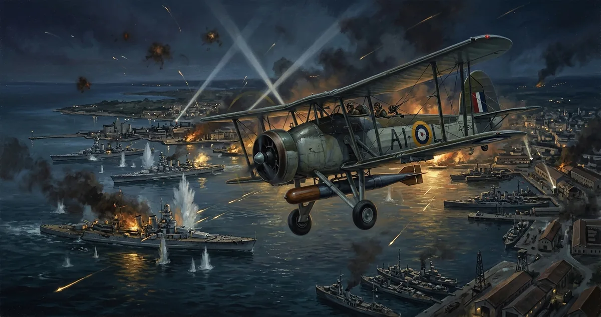 Biplanos Fairey Swordfish rasando a água do Mar Grande, em Taranto, na noite de 11 de novembro de 1940, com a esquadra italiana fundeada ao fundo e fogo antiaéreo no céu.