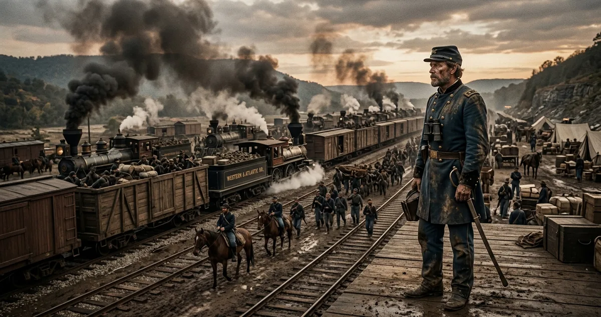 Soldados federais embarcando em vagões de carga rumo ao Tennessee, em setembro de 1863, com locomotiva a lenha e pátio de manobra ao fundo.