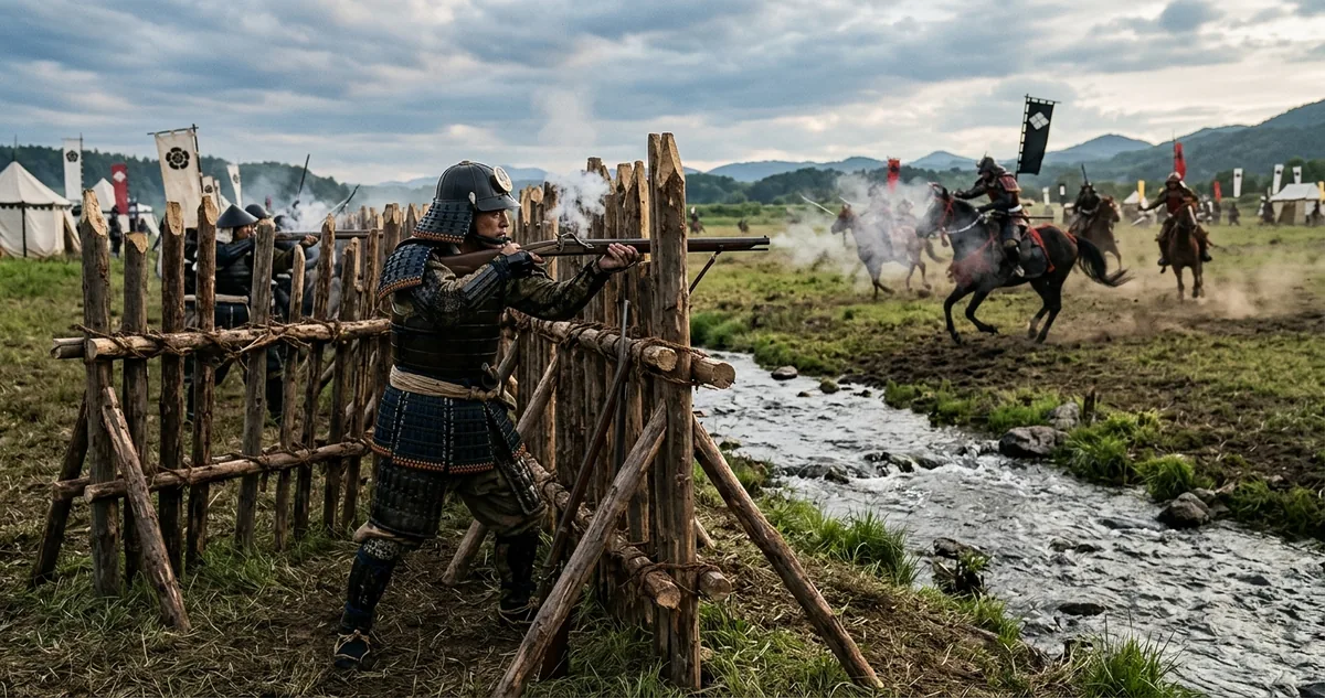 Linha de arcabuzeiros japoneses atirando protegidos por uma paliçada de estacas na planície de Shitaragahara, em 1575, com a cavalaria Takeda atravessando o riacho Rengogawa.