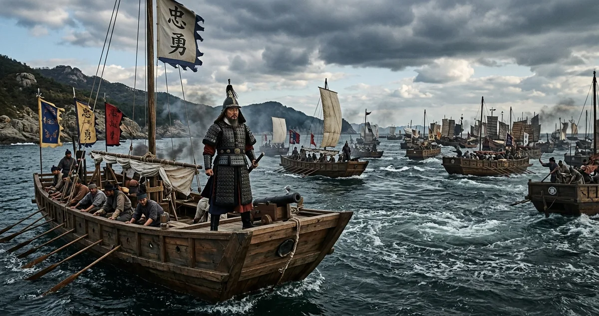 Navios coreanos panokseon segurando a passagem estreita do canal de maré de Myeongnyang, em outubro de 1597, diante da frota japonesa comprimida em fila pela corrente.