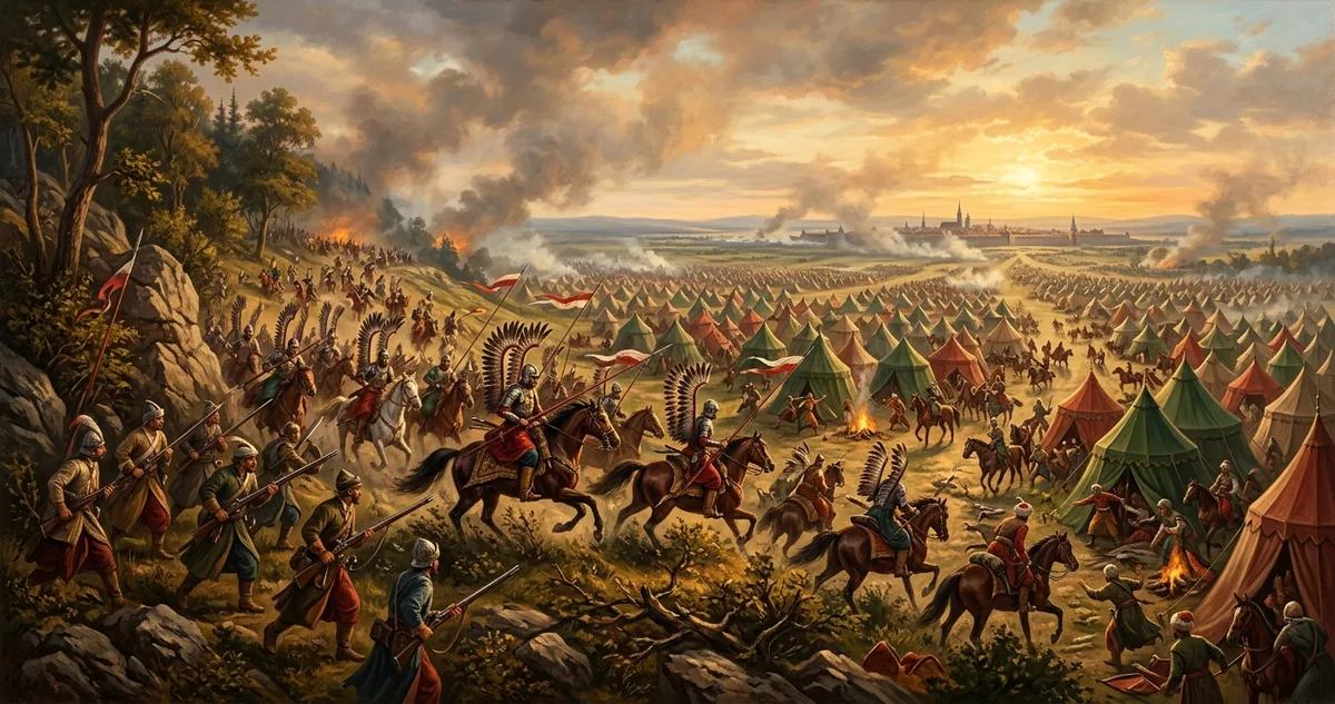 Exército de socorro descendo a encosta arborizada do Kahlenberg sobre o acampamento otomano diante das muralhas de Viena, em setembro de 1683.