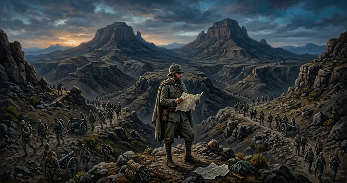 Colunas italianas isoladas nas alturas de Adua diante do exército de Menelik em 1º de março de 1896.