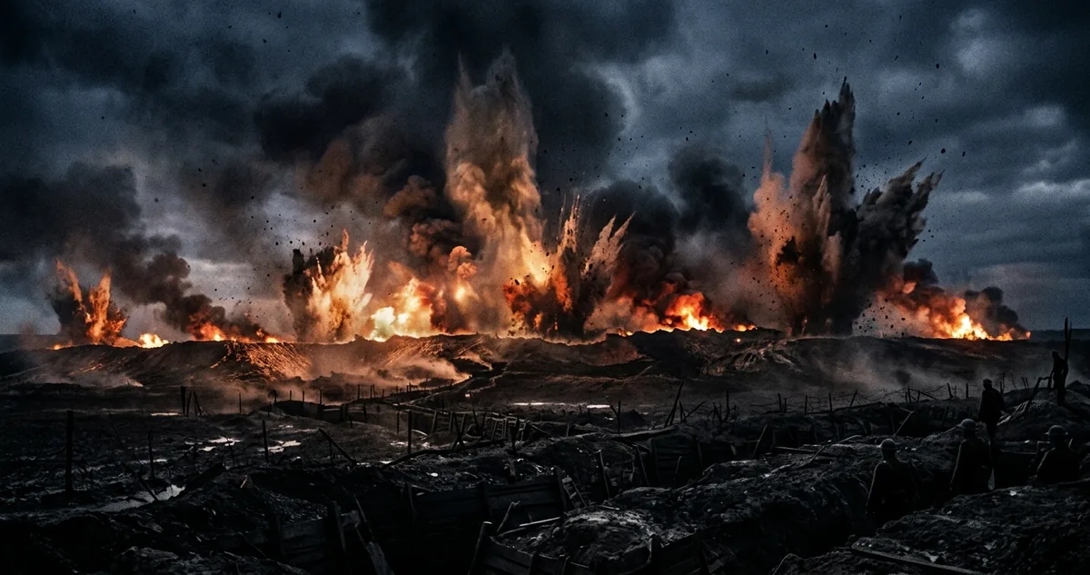 Colunas de terra subindo sobre a crista de Messines na detonação das dezenove minas britânicas às três e dez da madrugada de 7 de junho de 1917.