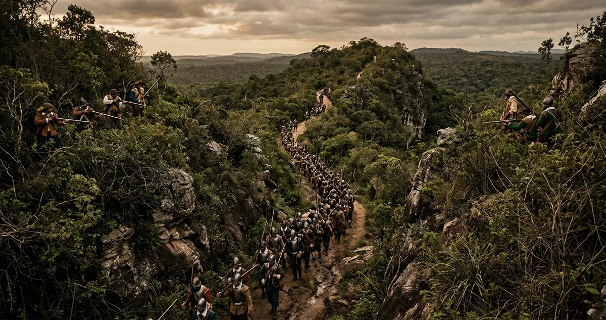 Montes Guararapes em Pernambuco, com trilha estreita de areia entre mangue e colinas baixas, terreno da emboscada de abril de 1648.