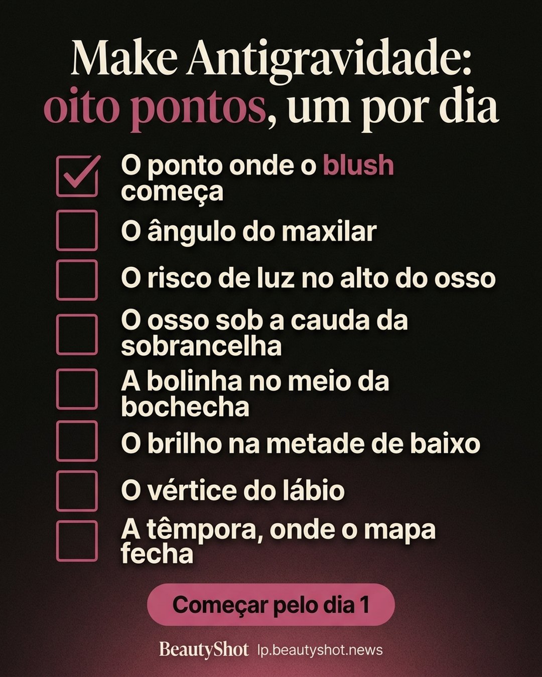 Make Antigravidade: oito pontos, um por dia: O ponto onde o blush começa, O ângulo do maxilar, O risco de luz no alto do osso, O osso sob a cauda da sobrancelha, A bolinha no meio da bochecha, O brilho na metade de baixo, O vértice do lábio, A têmpora, onde o mapa fecha. Começar pelo dia 1.