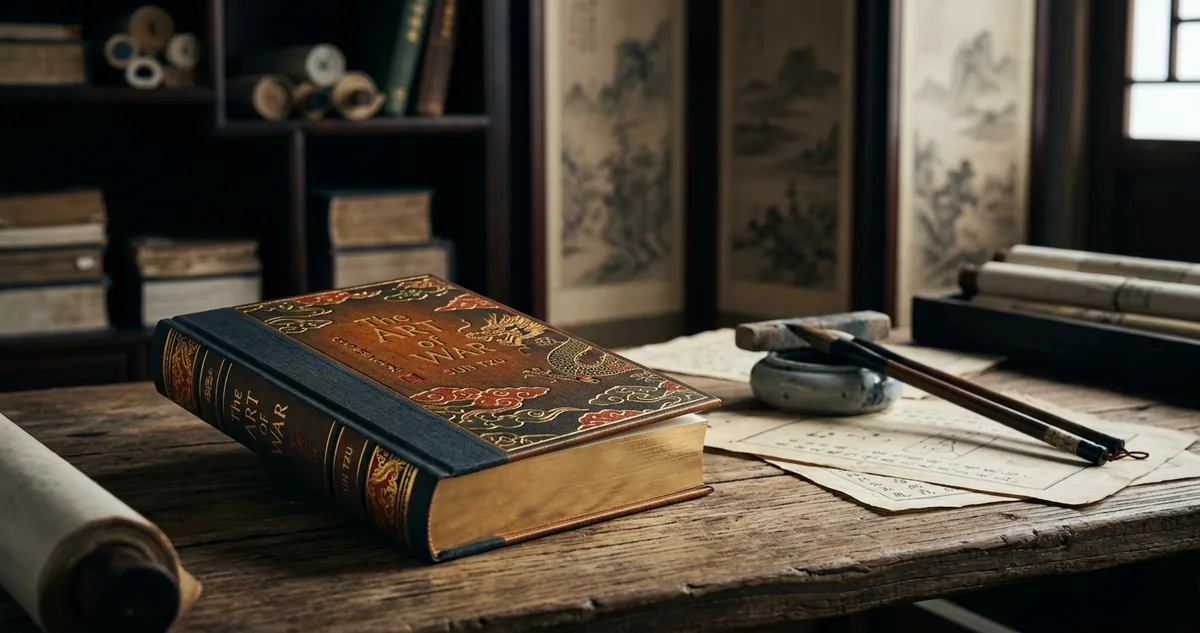 Uma edição em capa dura de A Arte da Guerra aberta sobre a mesa, com o mesmo texto exibido na tela de um celular ao lado.