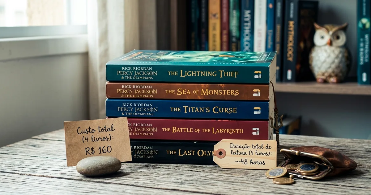 Os cinco volumes de Percy Jackson e os Olimpianos empilhados na mesa de uma livraria, com a etiqueta de preço virada para cima.