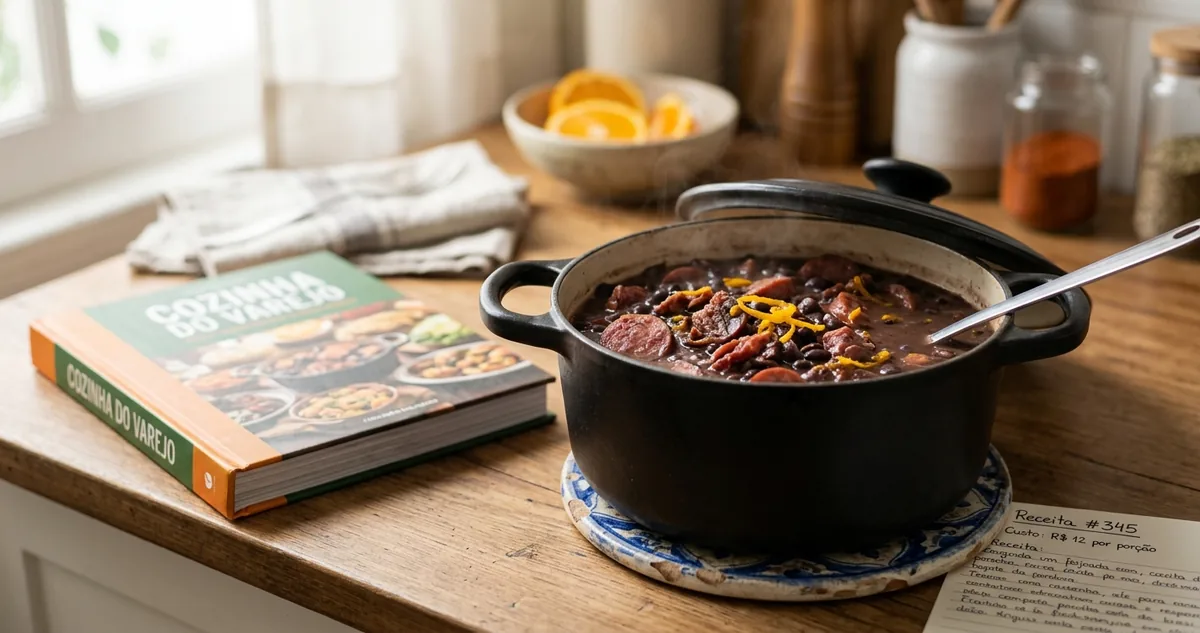 Um livro de receitas de capa dura aberto na bancada da cozinha, apoiado por um pote de vidro, ao lado de uma tábua com legumes cortados e uma panela no fogo.