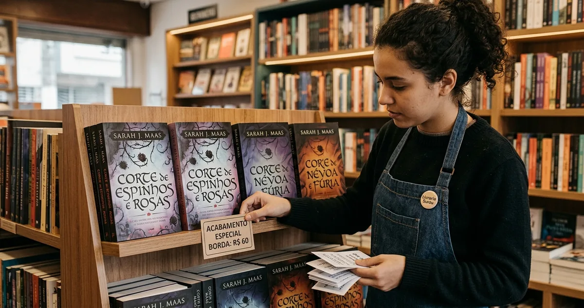 Dois exemplares do mesmo romance lado a lado numa mesa de livraria, um com o corte do papel branco e o outro com as bordas do bloco pintadas em rosa e dourado.