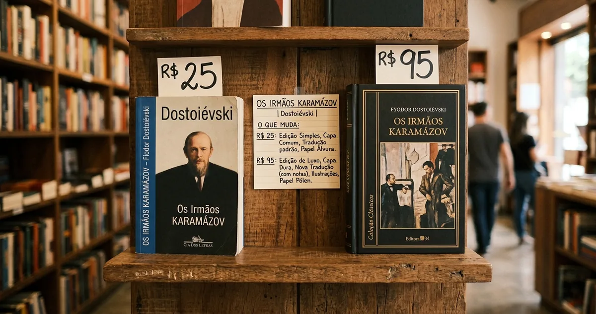 Dois exemplares do mesmo romance russo abertos lado a lado numa bancada, um com o rodapé cheio de notas e o outro com a página limpa.