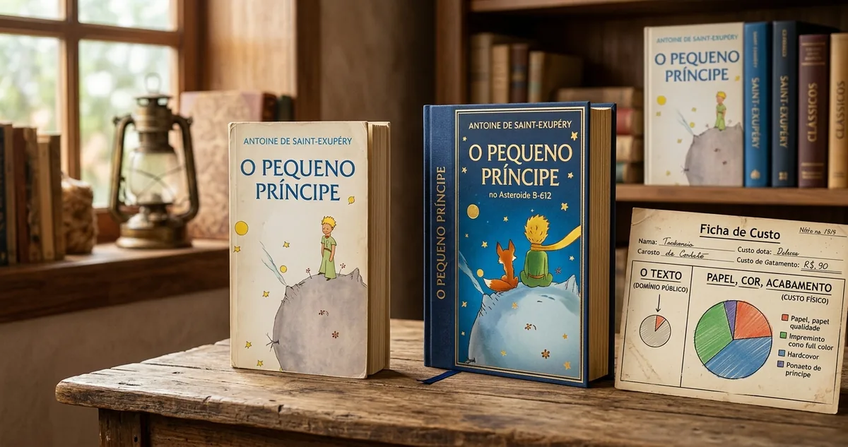 Três edições de O Pequeno Príncipe lado a lado numa mesa de livraria, da capa de bolso à capa dura ilustrada.