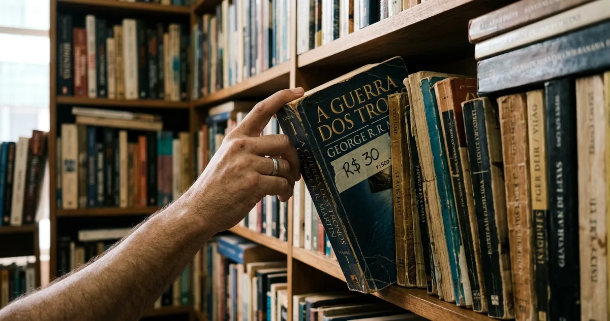 Os cinco volumes de As Crônicas de Gelo e Fogo enfileirados numa estante, com um vão vazio no lugar do sexto.
