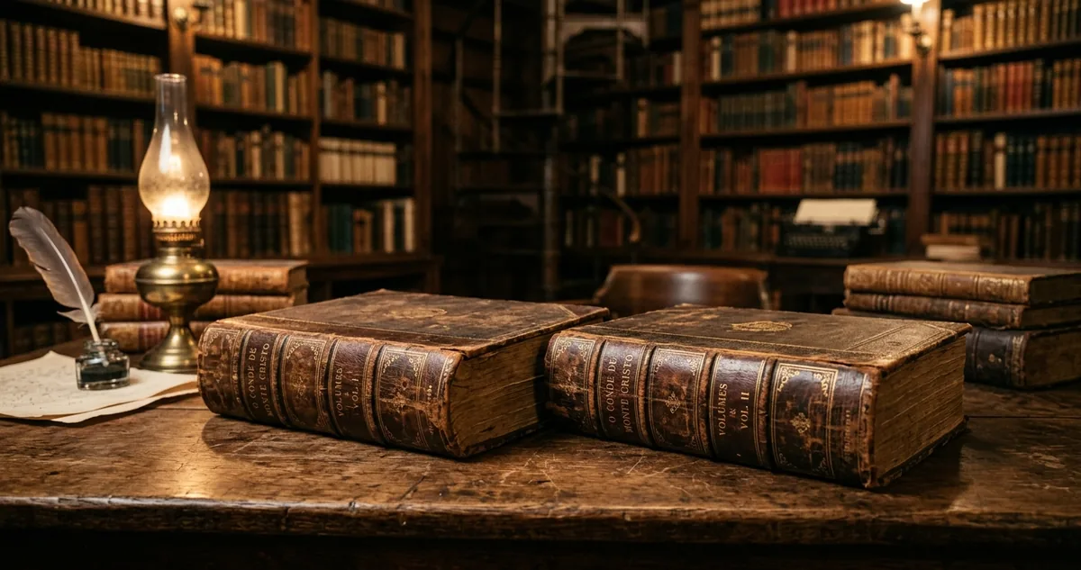 Os dois volumes de O Conde de Monte Cristo lado a lado numa mesa de livraria, cada um com sua etiqueta de preço.