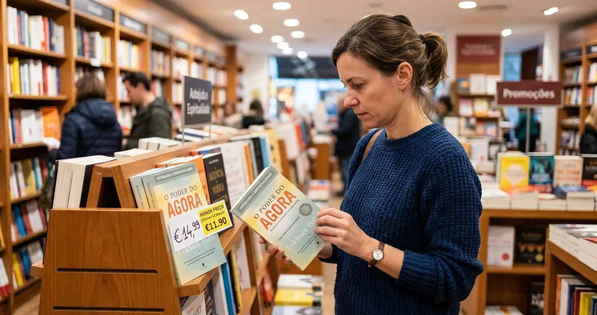 Exemplar de O Poder do Agora na prateleira da livraria com duas etiquetas de preço coladas na capa, a de hoje e a da última promoção.
