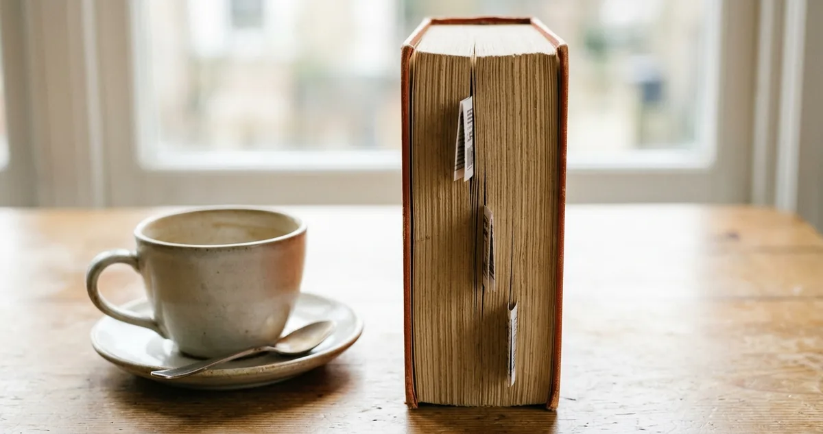 Exemplar antigo de Os Sertões aberto sobre uma mesa, com três marcadores de papel separando as partes do livro.