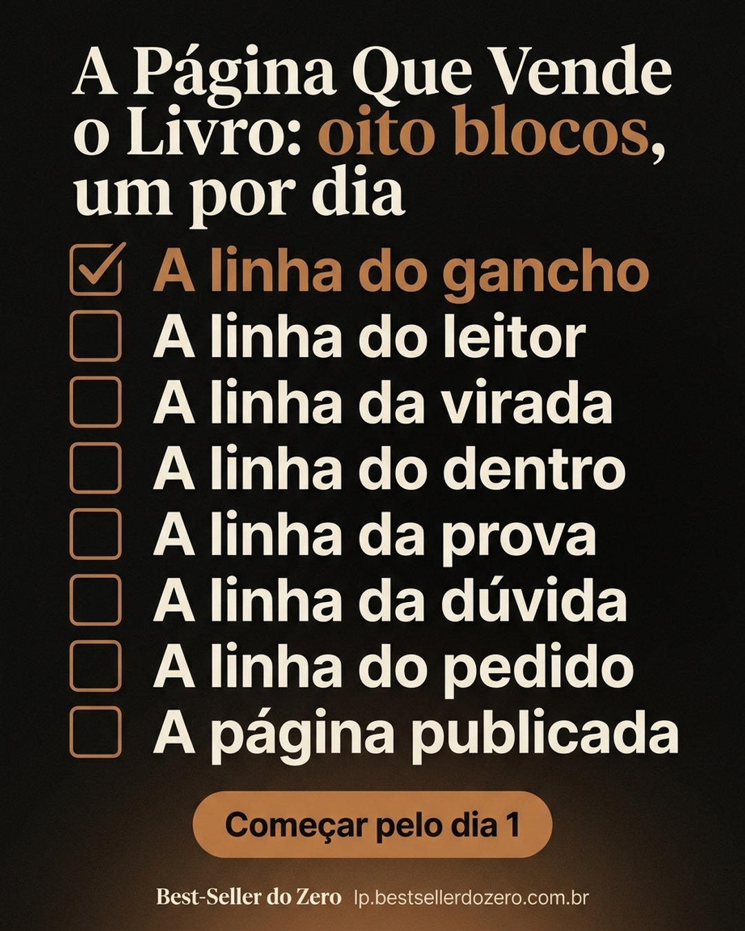 A Página Que Vende o Livro: oito blocos, um por dia: A linha do gancho, A linha do leitor, A linha da virada, A linha do dentro, A linha da prova, A linha da dúvida, A linha do pedido, A página publicada. Começar pelo dia 1.