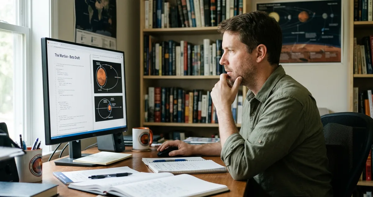 Tela de computador com um capítulo de romance publicado num site pessoal, ao lado de anotações de cálculo de trajetória orbital.