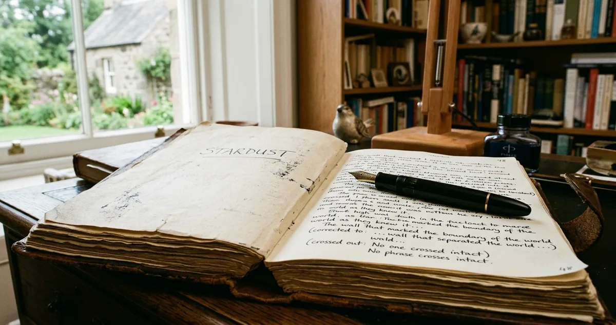 Caneta-tinteiro apoiada sobre um caderno encadernado aberto, com páginas manuscritas e uma máquina de escrever ao fundo.