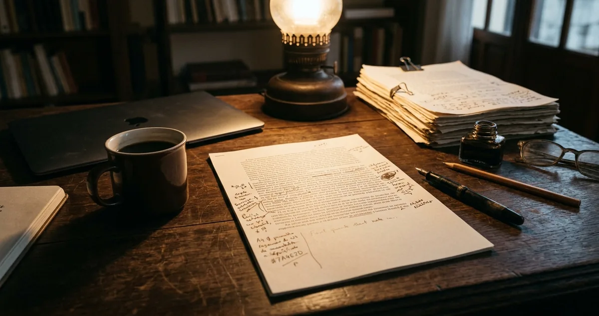 Pilha de provas escolares corrigidas sobre uma mesa de escritório, com uma folha em branco aberta no topo e uma caneta apoiada.
