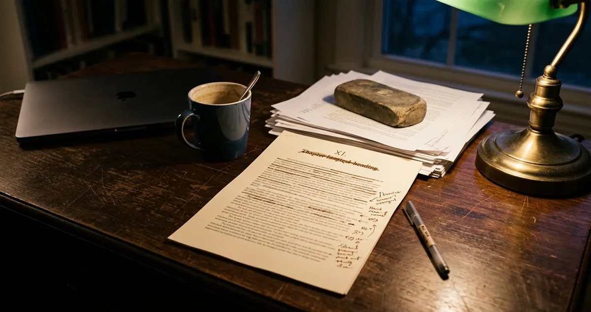 Páginas datilografadas empilhadas na mesa de um escritório de editora, com um lápis azul apoiado em cima.